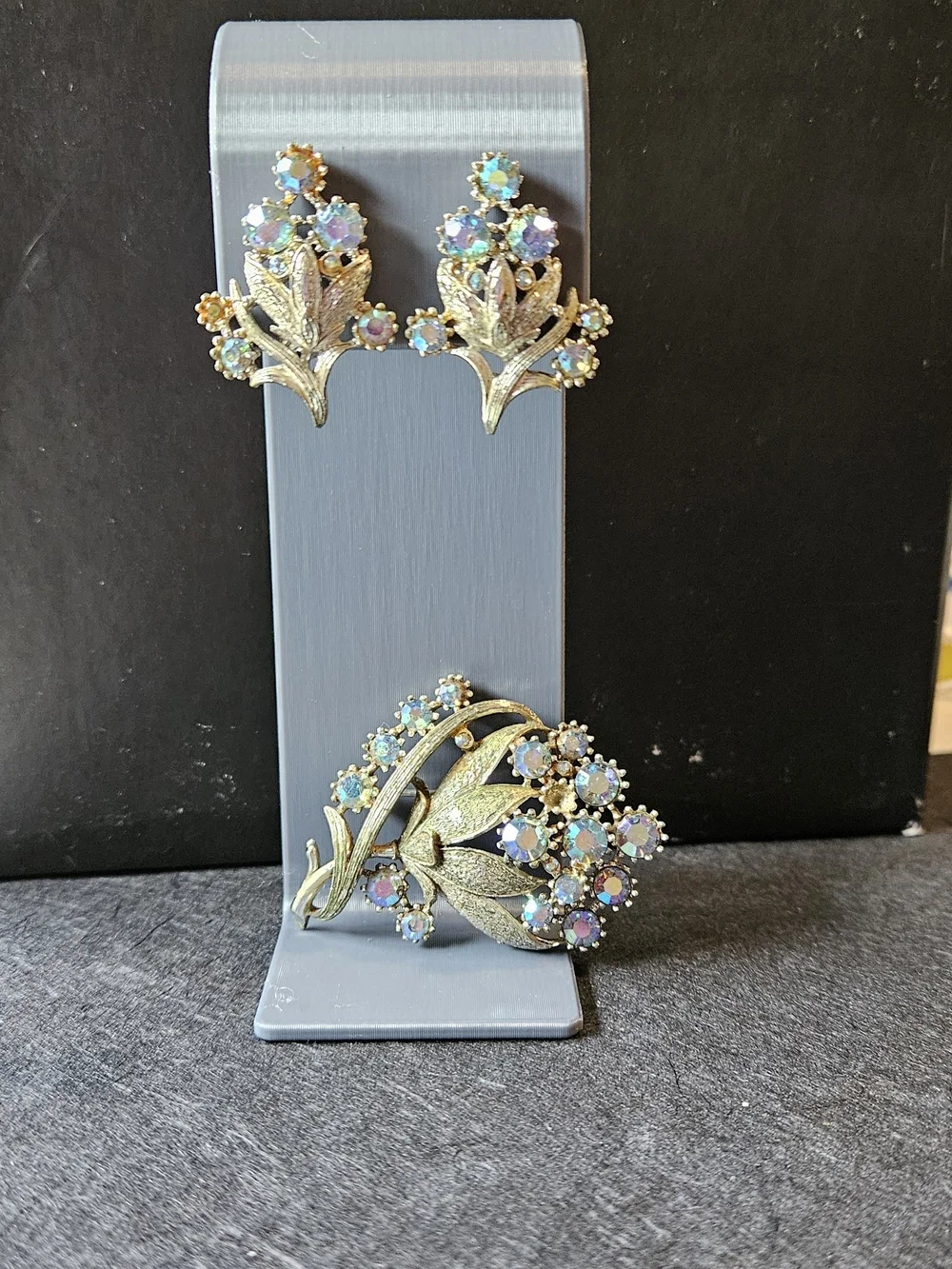 Pewter-Tone Aurora Borealis Floral Brooch and Clip On Earring Set. 1 Stone Gone
